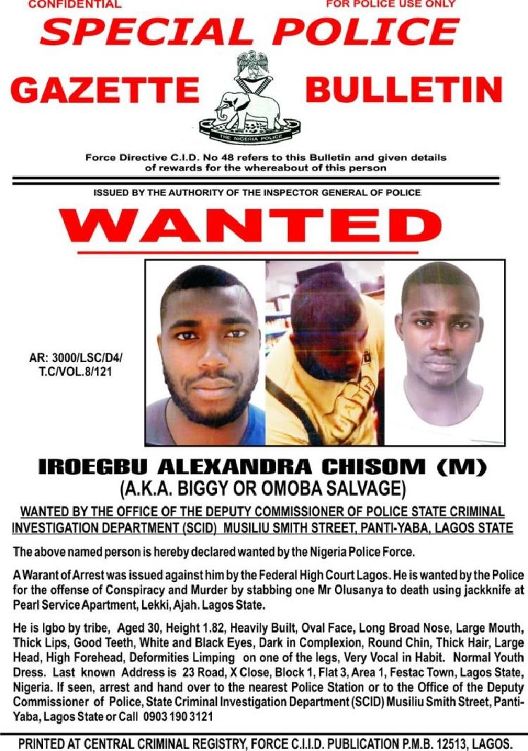 Iroegbu Alexandra Chisom declared wanted by police for alleged murder