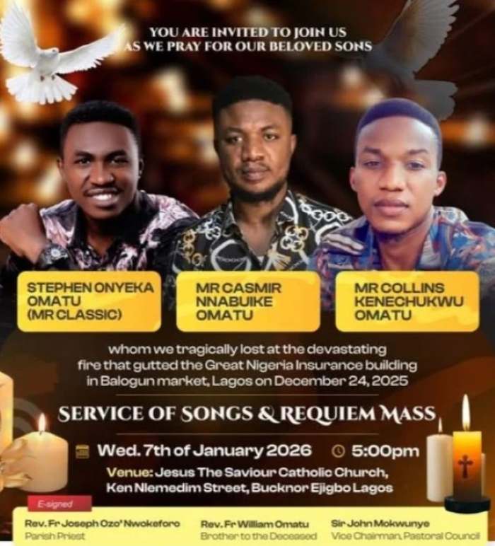 Three brothers who died in Lagos GNI fire for burial January 14
