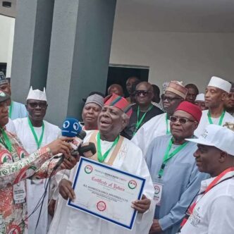 JUST IN: Jerry Gana receives Jonathan’s PDP certificate of return