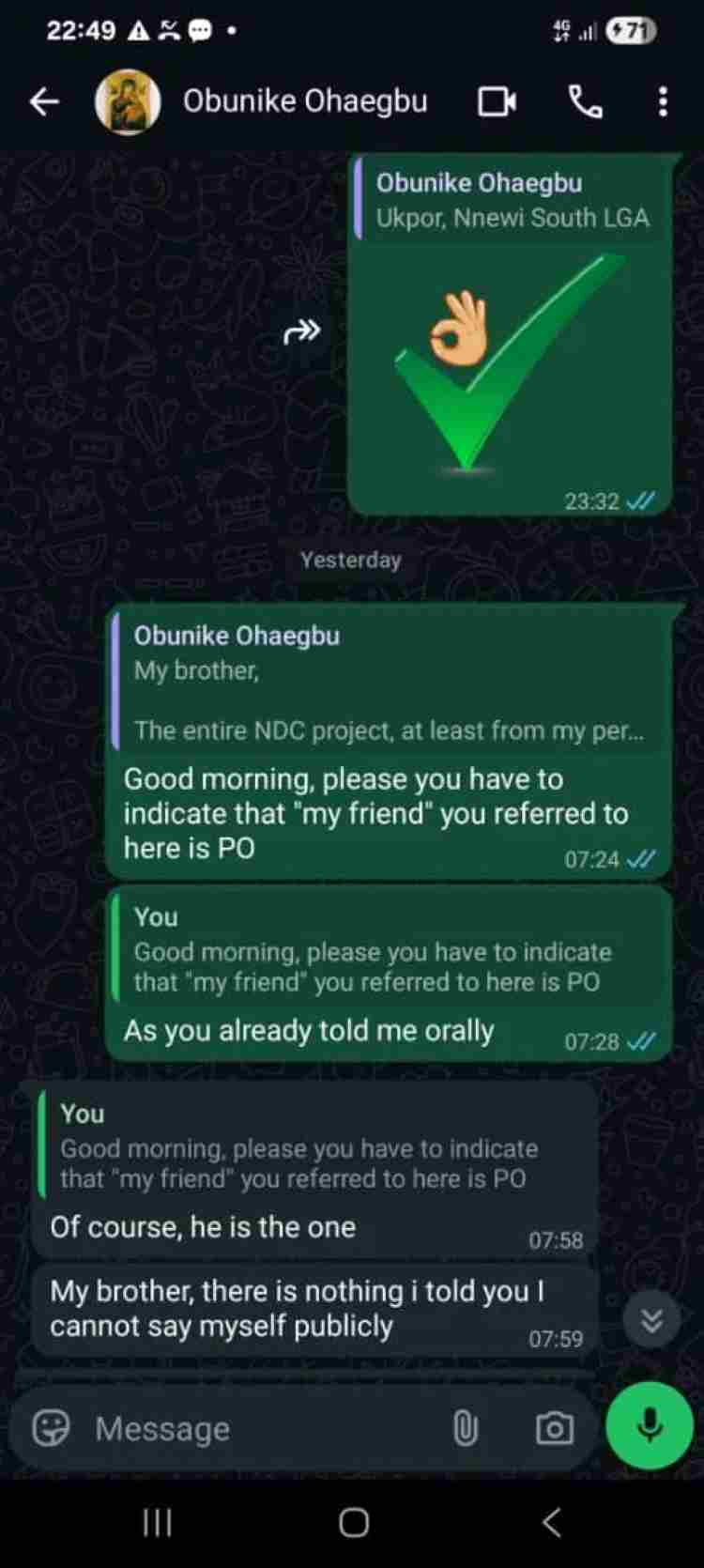 Okonkwo publishes whatsApp chats, maintains allegations against Obi