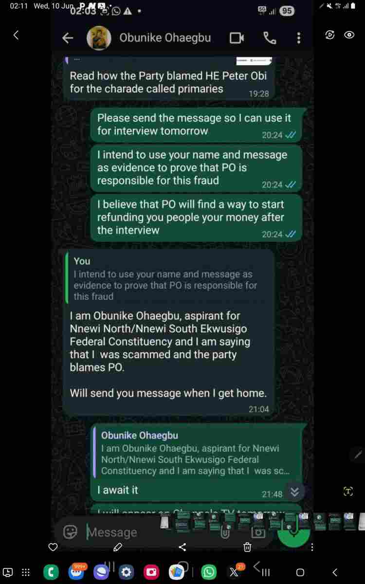 Okonkwo publishes whatsApp chats, maintains allegations against Obi